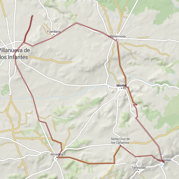 Miniatua del mapa de inspiración ciclista "Ruta de Ciclismo en Grava desde Albaladejo a Villanueva de los Infantes" en Castilla-La Mancha, Spain. Generado por Tarmacs.app planificador de rutas ciclistas