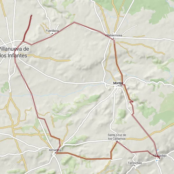 Map miniature of "The Countryside Explorer" cycling inspiration in Castilla-La Mancha, Spain. Generated by Tarmacs.app cycling route planner