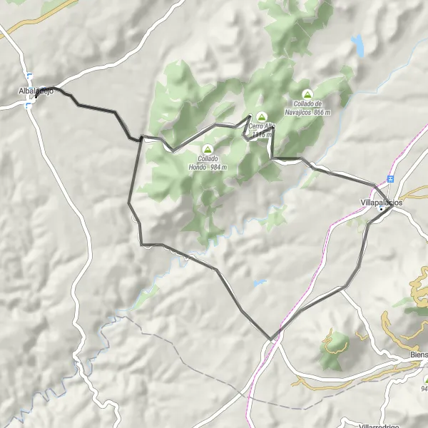 Map miniature of "Road Route from Albaladejo to Villapalacios" cycling inspiration in Castilla-La Mancha, Spain. Generated by Tarmacs.app cycling route planner