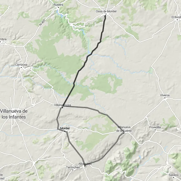 Miniatua del mapa de inspiración ciclista "Ruta de Ciclismo en Carretera desde Albaladejo a Villahermosa" en Castilla-La Mancha, Spain. Generado por Tarmacs.app planificador de rutas ciclistas
