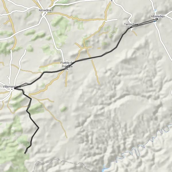 Miniatua del mapa de inspiración ciclista "Ruta de Ciclismo en Carretera desde Albaladejo a Villamanrique" en Castilla-La Mancha, Spain. Generado por Tarmacs.app planificador de rutas ciclistas