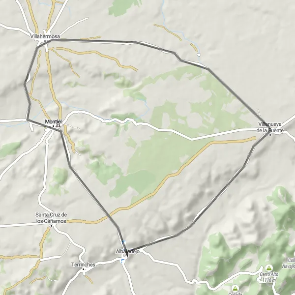 Miniatura mapy "Runda szosowa przez Villahermosę, Villanueva de la Fuente i Albaladejo" - trasy rowerowej w Castilla-La Mancha, Spain. Wygenerowane przez planer tras rowerowych Tarmacs.app