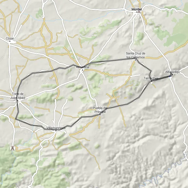Miniatura mapy "Runda szosowa przez Puebla del Príncipe, Torre de Juan Abad, Almedina i Terrinches" - trasy rowerowej w Castilla-La Mancha, Spain. Wygenerowane przez planer tras rowerowych Tarmacs.app