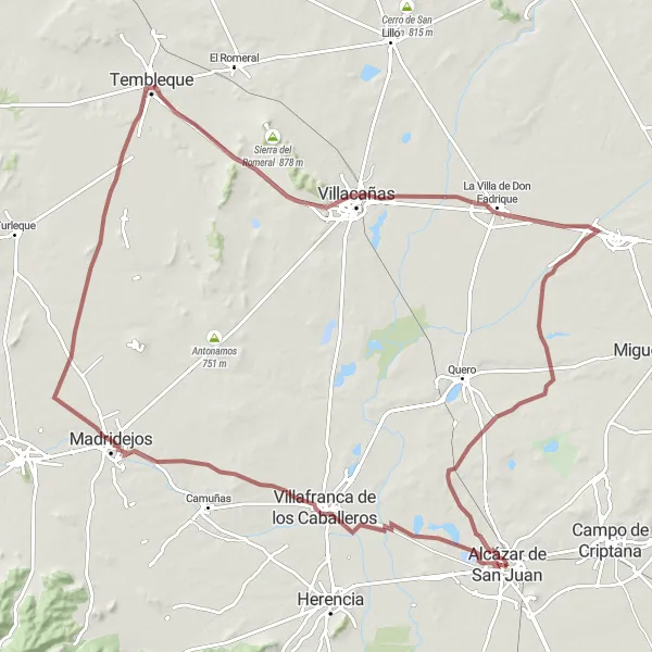 Map miniature of "Quiet Hills and Historic Towns" cycling inspiration in Castilla-La Mancha, Spain. Generated by Tarmacs.app cycling route planner