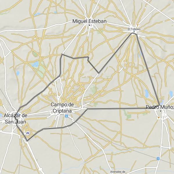 Map miniature of "Don Quixote's Windmills" cycling inspiration in Castilla-La Mancha, Spain. Generated by Tarmacs.app cycling route planner