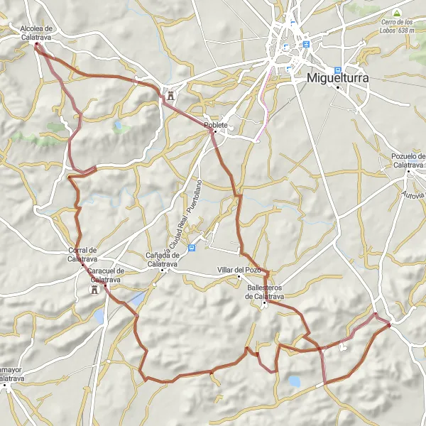 Map miniature of "Calatrava Gravel Experience" cycling inspiration in Castilla-La Mancha, Spain. Generated by Tarmacs.app cycling route planner