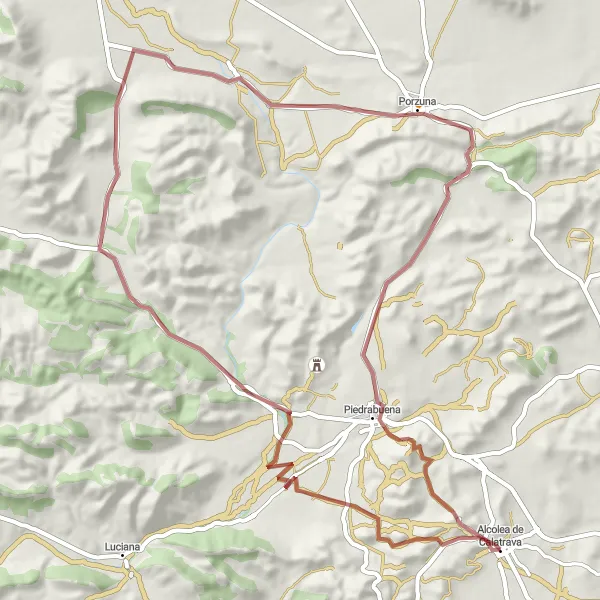 Miniatuurkaart van de fietsinspiratie "Rondrit vanuit Alcolea de Calatrava naar Porzuna en Piedrabuena" in Castilla-La Mancha, Spain. Gemaakt door de Tarmacs.app fietsrouteplanner