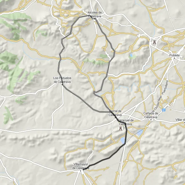 Miniatua del mapa de inspiración ciclista "Ruta de Carretera a través de Villamayor de Calatrava desde Alcolea de Calatrava" en Castilla-La Mancha, Spain. Generado por Tarmacs.app planificador de rutas ciclistas