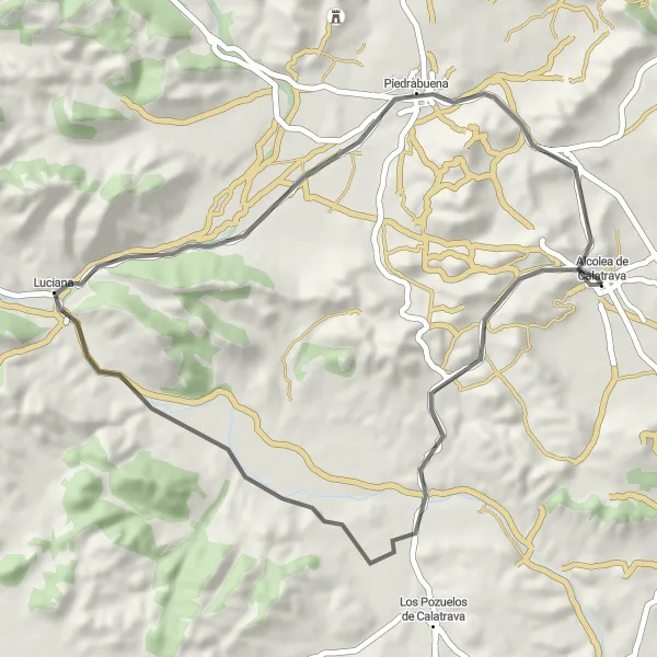 Miniatuurkaart van de fietsinspiratie "Korte roadtrip van Alcolea de Calatrava naar Luciana en Piedrabuena" in Castilla-La Mancha, Spain. Gemaakt door de Tarmacs.app fietsrouteplanner