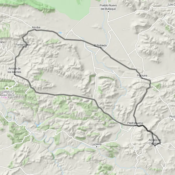 Miniatua del mapa de inspiración ciclista "Ruta en Carretera por Arroba de los Montes" en Castilla-La Mancha, Spain. Generado por Tarmacs.app planificador de rutas ciclistas