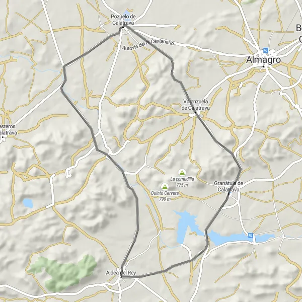 Miniatua del mapa de inspiración ciclista "Ruta de ciclismo de carretera Pozuelo de Calatrava" en Castilla-La Mancha, Spain. Generado por Tarmacs.app planificador de rutas ciclistas