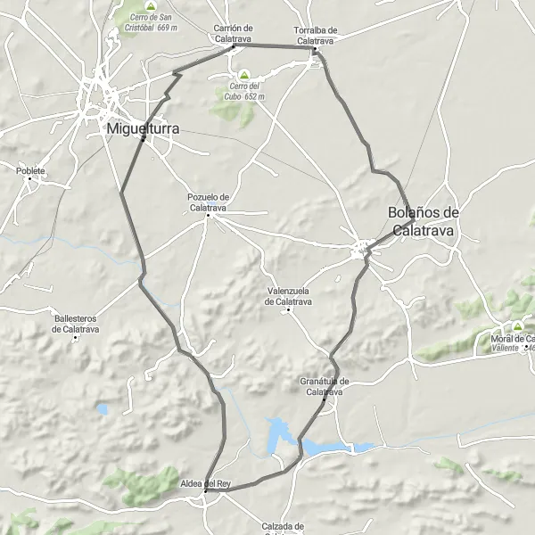 Map miniature of "Cultural Ride through Calatrava" cycling inspiration in Castilla-La Mancha, Spain. Generated by Tarmacs.app cycling route planner