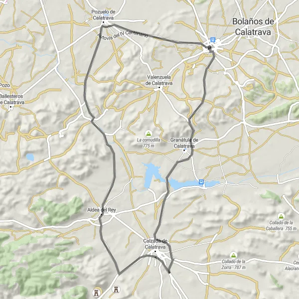 Miniatua del mapa de inspiración ciclista "Ruta en carretera de Almagro a Pozuelo de Calatrava" en Castilla-La Mancha, Spain. Generado por Tarmacs.app planificador de rutas ciclistas