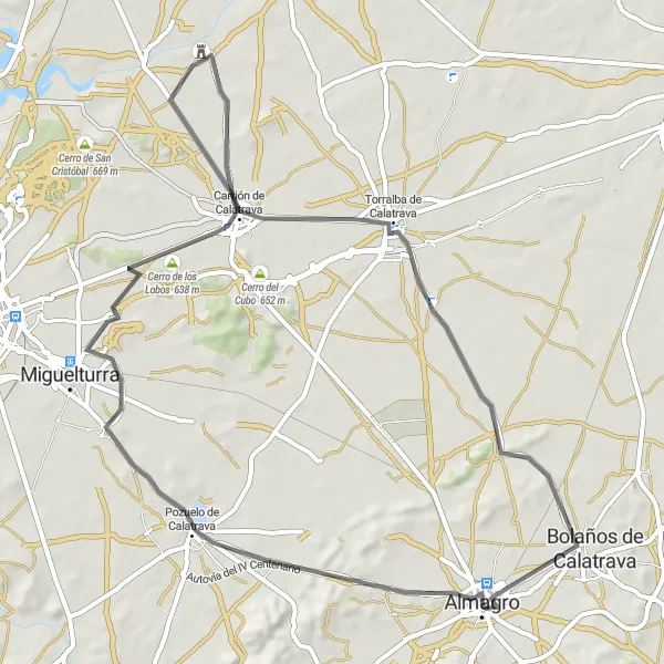 Map miniature of "Almagro-Pozuelo de Calatrava Road Route" cycling inspiration in Castilla-La Mancha, Spain. Generated by Tarmacs.app cycling route planner