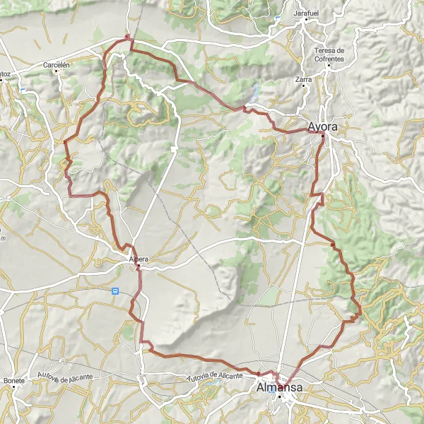 Miniatura mapy "Trasa rowerowa Almansa - Alpera - Casas de Juan Gil - Ayora" - trasy rowerowej w Castilla-La Mancha, Spain. Wygenerowane przez planer tras rowerowych Tarmacs.app