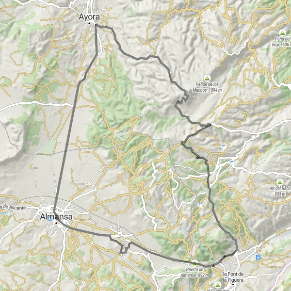 Miniatua del mapa de inspiración ciclista "Ruta en carretera alrededor de Almansa" en Castilla-La Mancha, Spain. Generado por Tarmacs.app planificador de rutas ciclistas