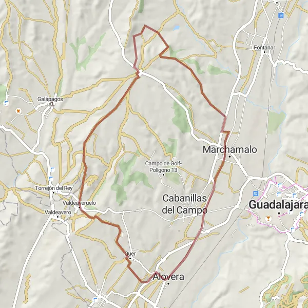 Map miniature of "Alovera to Marchamalo Gravel Route" cycling inspiration in Castilla-La Mancha, Spain. Generated by Tarmacs.app cycling route planner