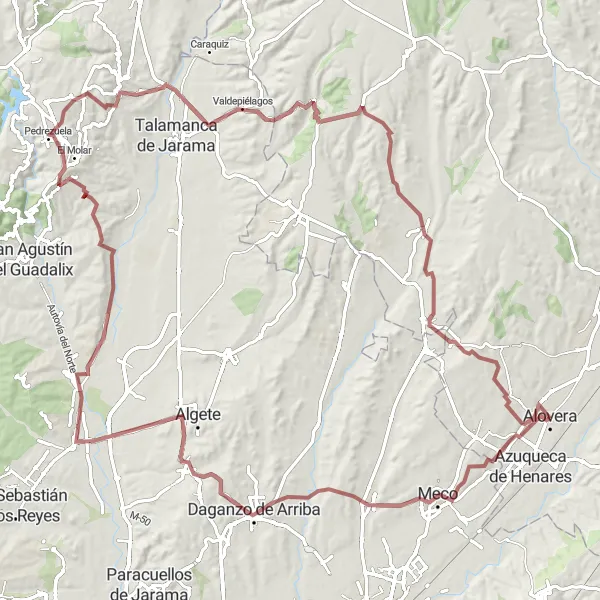 Map miniature of "Camarma de Esteruelas to Valdeaveruelo Gravel Route" cycling inspiration in Castilla-La Mancha, Spain. Generated by Tarmacs.app cycling route planner