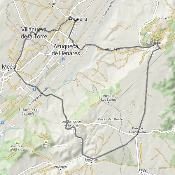 Miniatuurkaart van de fietsinspiratie "Fietsroute door het platteland rondom Alovera" in Castilla-La Mancha, Spain. Gemaakt door de Tarmacs.app fietsrouteplanner