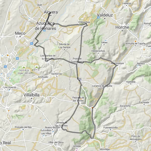 Map miniature of "The Road Explorer" cycling inspiration in Castilla-La Mancha, Spain. Generated by Tarmacs.app cycling route planner