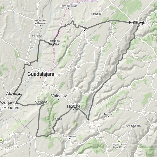 Map miniature of "Alovera to Horche Road Route" cycling inspiration in Castilla-La Mancha, Spain. Generated by Tarmacs.app cycling route planner