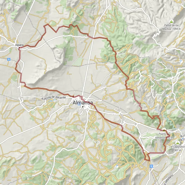 Map miniature of "Gravel Route: Alpera Loop" cycling inspiration in Castilla-La Mancha, Spain. Generated by Tarmacs.app cycling route planner