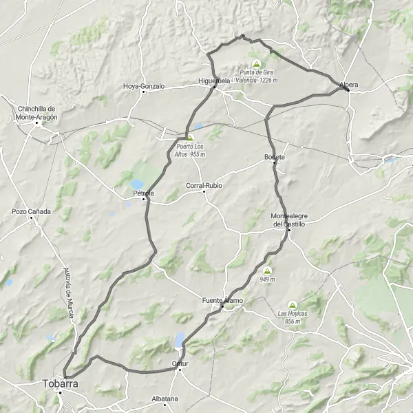 Miniatua del mapa de inspiración ciclista "Ruta hacia Fuente Álamo y Higueruela" en Castilla-La Mancha, Spain. Generado por Tarmacs.app planificador de rutas ciclistas