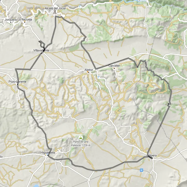 Miniatua del mapa de inspiración ciclista "Ruta por Pozo-Lorente y Carcelén" en Castilla-La Mancha, Spain. Generado por Tarmacs.app planificador de rutas ciclistas