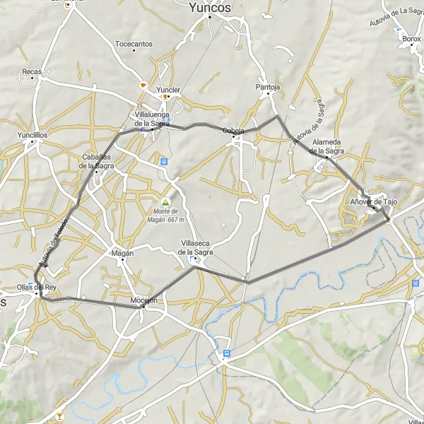 Miniatua del mapa de inspiración ciclista "Ruta en Carretera a Villaseca de la Sagra" en Castilla-La Mancha, Spain. Generado por Tarmacs.app planificador de rutas ciclistas