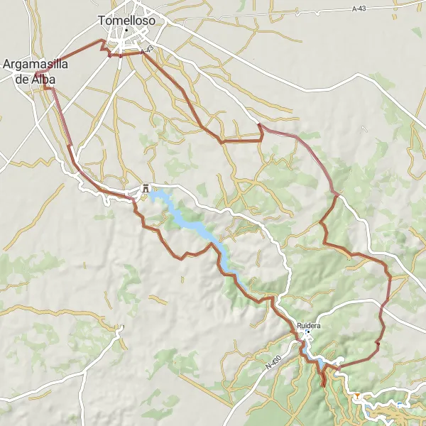 Miniatura mapy "Wycieczka gravelowa od Argamasilla de Alba" - trasy rowerowej w Castilla-La Mancha, Spain. Wygenerowane przez planer tras rowerowych Tarmacs.app