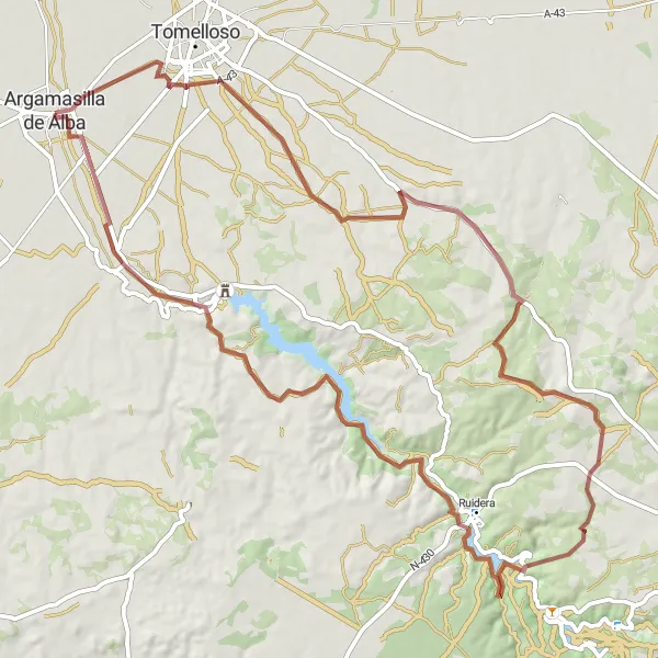 Miniatuurkaart van de fietsinspiratie "Off-road avontuur in Argamasilla de Alba en omgeving" in Castilla-La Mancha, Spain. Gemaakt door de Tarmacs.app fietsrouteplanner
