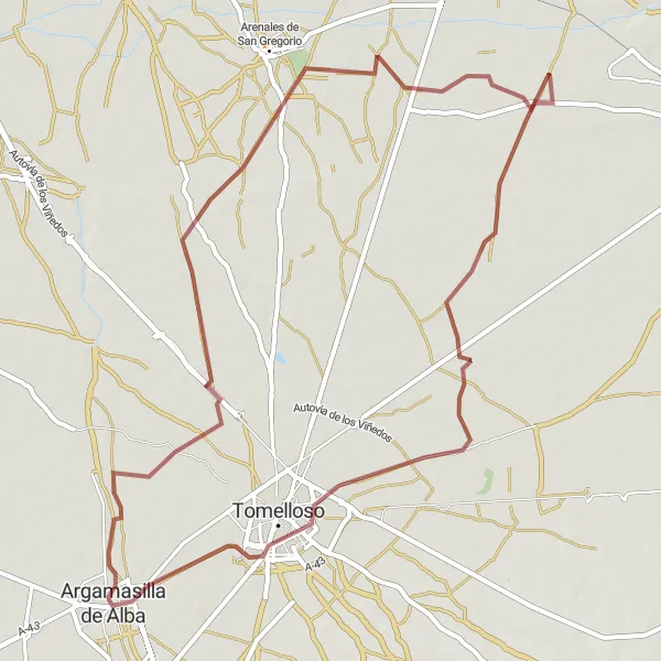 Map miniature of "Gravel Adventure: Tomelloso Loop" cycling inspiration in Castilla-La Mancha, Spain. Generated by Tarmacs.app cycling route planner