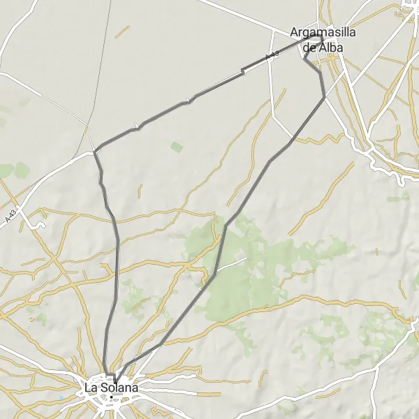 Miniatua del mapa de inspiración ciclista "Ruta de Argamasilla de Alba a La Solana y Rollo" en Castilla-La Mancha, Spain. Generado por Tarmacs.app planificador de rutas ciclistas