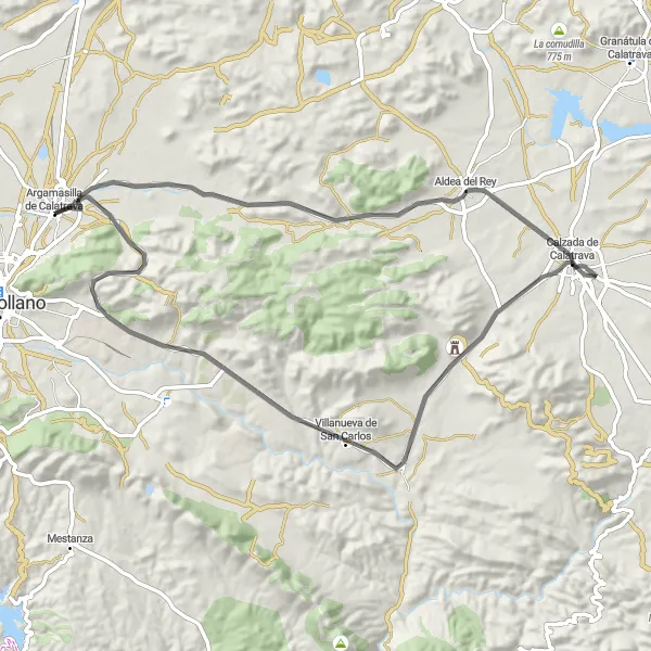 Miniatura mapy "Trasa rowerowa Argamasilla de Calatrava - Aldea del Rey - Calzada de Calatrava - Villanueva de San Carlos" - trasy rowerowej w Castilla-La Mancha, Spain. Wygenerowane przez planer tras rowerowych Tarmacs.app