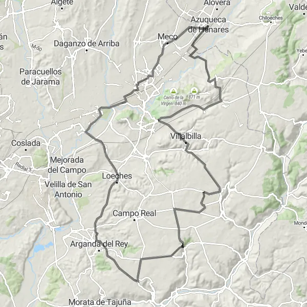 Map miniature of "Road Adventure to Arganda del Rey and Loeches" cycling inspiration in Castilla-La Mancha, Spain. Generated by Tarmacs.app cycling route planner