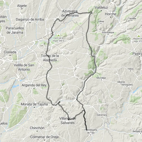 Map miniature of "Challenging ride through Guadalajara Province" cycling inspiration in Castilla-La Mancha, Spain. Generated by Tarmacs.app cycling route planner