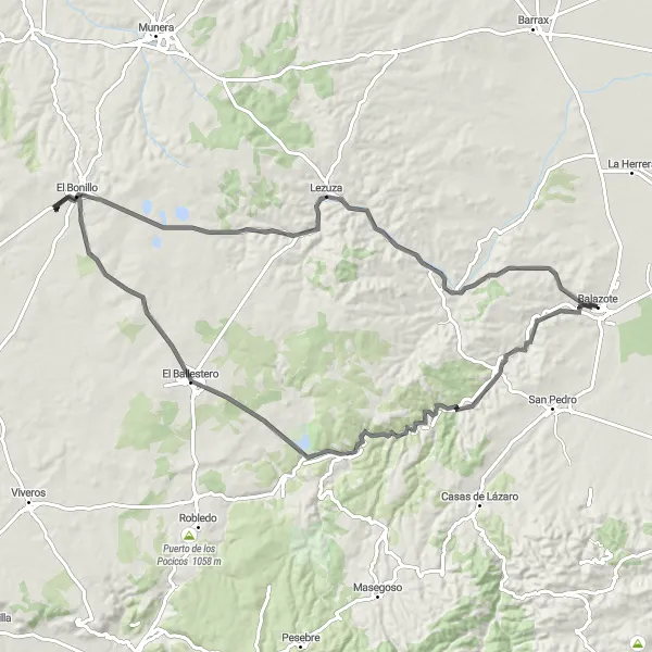 Miniatua del mapa de inspiración ciclista "Ruta de Carretera a El Bonillo" en Castilla-La Mancha, Spain. Generado por Tarmacs.app planificador de rutas ciclistas