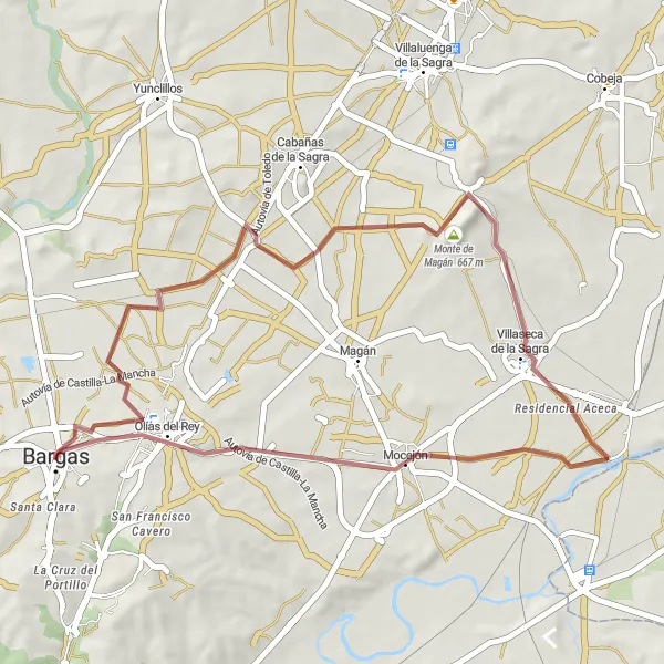 Map miniature of "Scenic Gravel Trail to Villaseca de la Sagra" cycling inspiration in Castilla-La Mancha, Spain. Generated by Tarmacs.app cycling route planner