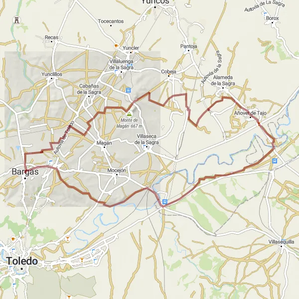 Miniatua del mapa de inspiración ciclista "Ruta de Grava de Bargas a Olías del Rey" en Castilla-La Mancha, Spain. Generado por Tarmacs.app planificador de rutas ciclistas