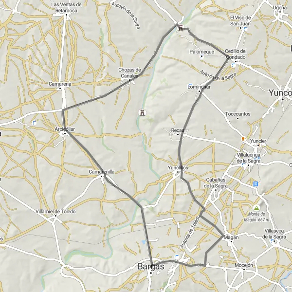 Miniatura mapy "Pętla Szosowa od Bargas do Olías del Rey" - trasy rowerowej w Castilla-La Mancha, Spain. Wygenerowane przez planer tras rowerowych Tarmacs.app