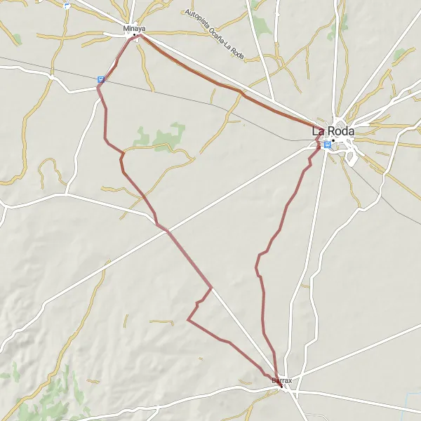 Map miniature of "Molino de Viento to Minaya Gravel Route" cycling inspiration in Castilla-La Mancha, Spain. Generated by Tarmacs.app cycling route planner