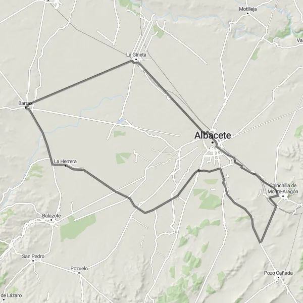 Map miniature of "La Gineta to Castillo de Chinchilla Road Route" cycling inspiration in Castilla-La Mancha, Spain. Generated by Tarmacs.app cycling route planner