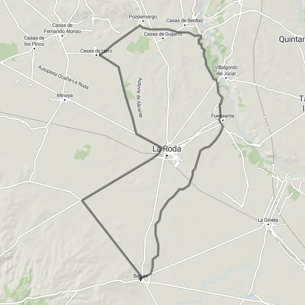 Map miniature of "La Roda to Fuensanta Road Route" cycling inspiration in Castilla-La Mancha, Spain. Generated by Tarmacs.app cycling route planner