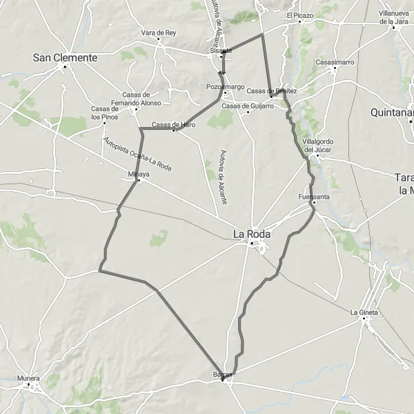 Miniaturekort af cykelinspirationen "Langstrakt Road Cycling Route fra Minaya til Molino de Viento" i Castilla-La Mancha, Spain. Genereret af Tarmacs.app cykelruteplanlægger