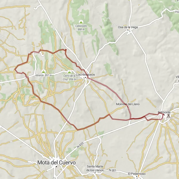 Map miniature of "Scenic Gravel Route from Belmonte to Palacio Buenavista" cycling inspiration in Castilla-La Mancha, Spain. Generated by Tarmacs.app cycling route planner