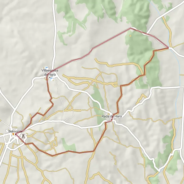 Map miniature of "Gravel Route from Belmonte to Castillo de Belmonte (Alternative)" cycling inspiration in Castilla-La Mancha, Spain. Generated by Tarmacs.app cycling route planner