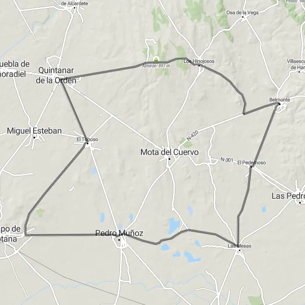 Miniatua del mapa de inspiración ciclista "Ruta escénica por los alrededores de Belmonte" en Castilla-La Mancha, Spain. Generado por Tarmacs.app planificador de rutas ciclistas