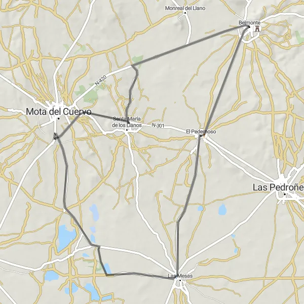 Miniatura mapy "Przejażdżka od Belmonte do El Pedernoso, Las Mesas, Santa María de los Llanos i Palacio Buenavista" - trasy rowerowej w Castilla-La Mancha, Spain. Wygenerowane przez planer tras rowerowych Tarmacs.app
