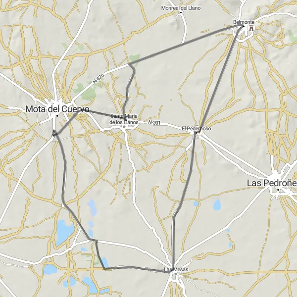 Map miniature of "Picturesque Road Cycling Route from Belmonte to Palacio Buenavista" cycling inspiration in Castilla-La Mancha, Spain. Generated by Tarmacs.app cycling route planner