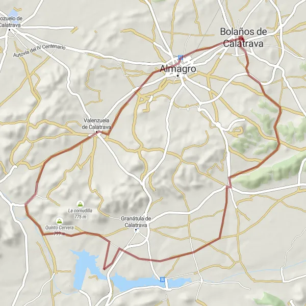 Miniatura mapy "Trasa gravelowa Bolaños de Calatrava - Quinto Cervera - Valenzuela de Calatrava" - trasy rowerowej w Castilla-La Mancha, Spain. Wygenerowane przez planer tras rowerowych Tarmacs.app